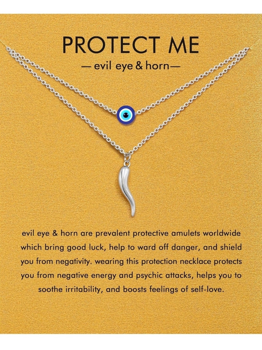 Silver Layered Evil Eye & Horn Pendant Necklace - Blue - Picture 2 of 5